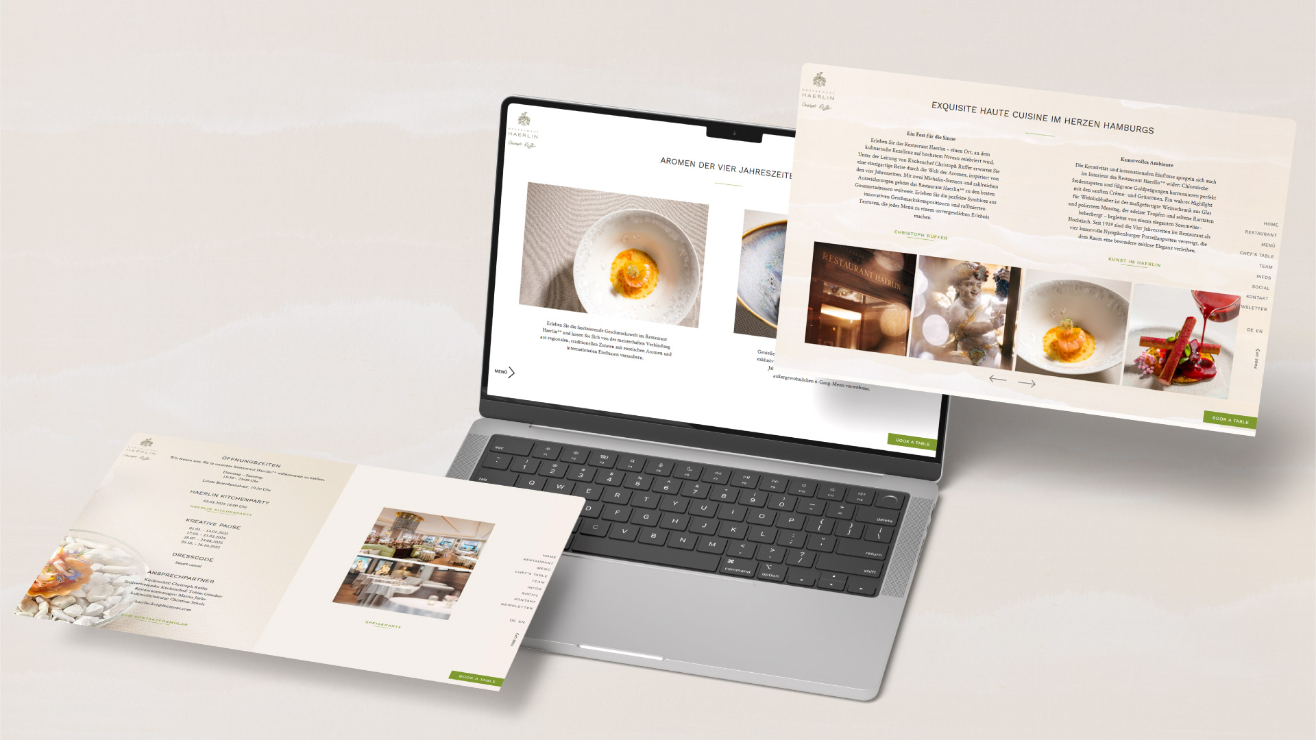 Verschiedene Seitenausschnitte der Website für das Restaurant Haerlin*** in einem Bildschirm eingebaut