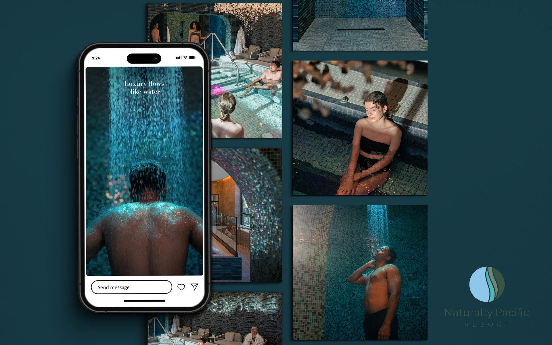 Mockup with social media photographs of the pool area in a similar blue-toned colour scheme