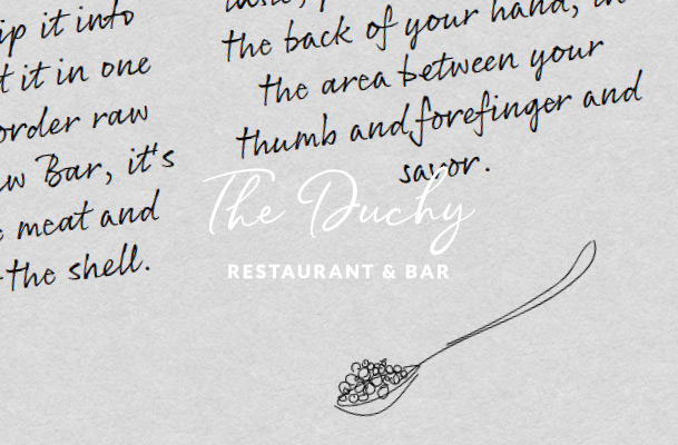 Detail CI with illustrated spoon and handwriting and logo of The Duchy Restaurant and Bar