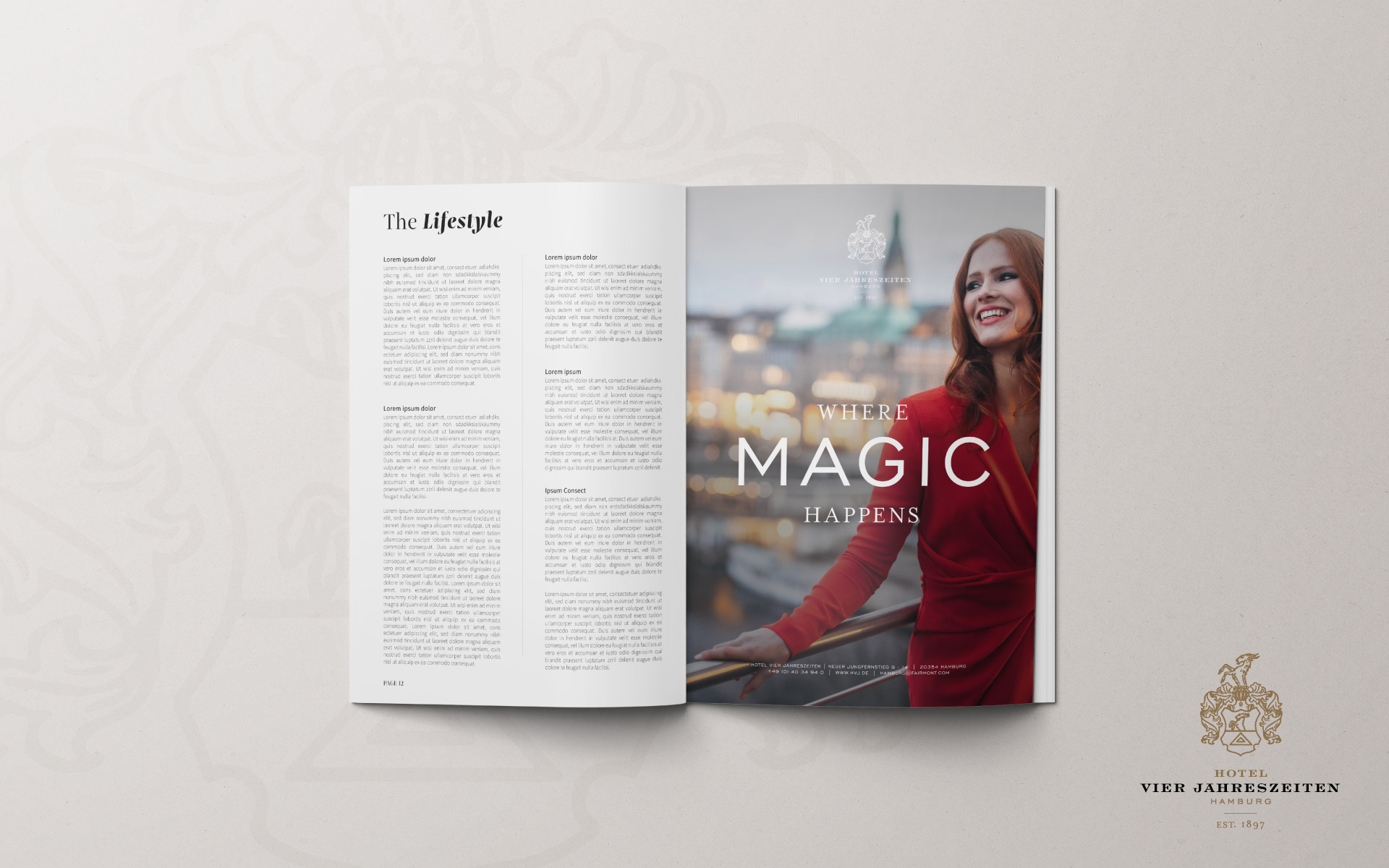 Advertisement for the Hotel Vier Jahreszeiten in a magazine as a mockup