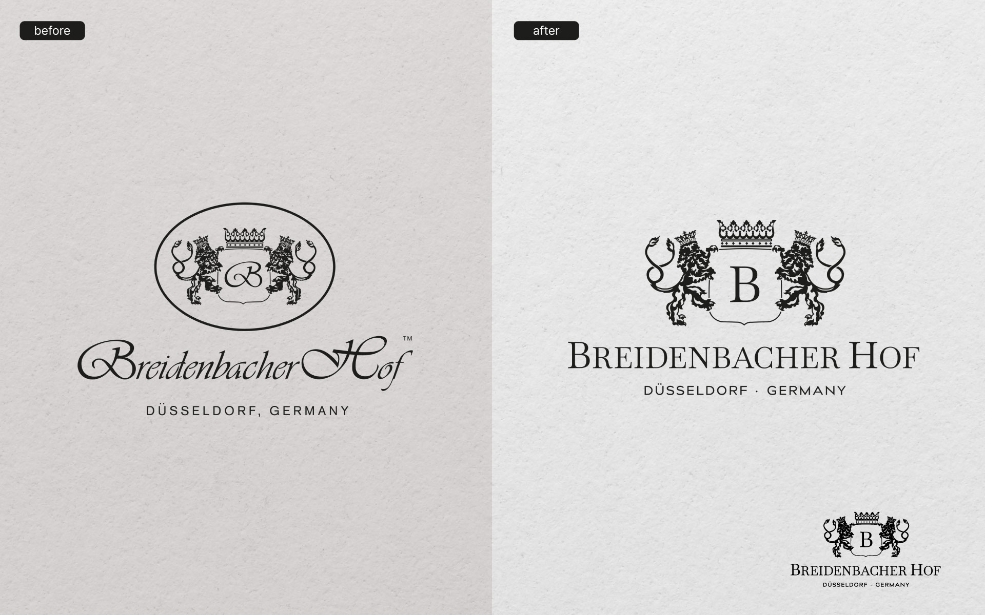Vorher-Nachher Bild der Wort-Bildmarke vom Breidenbacher Hof. Links ist das Original. Rechts die neue Version.