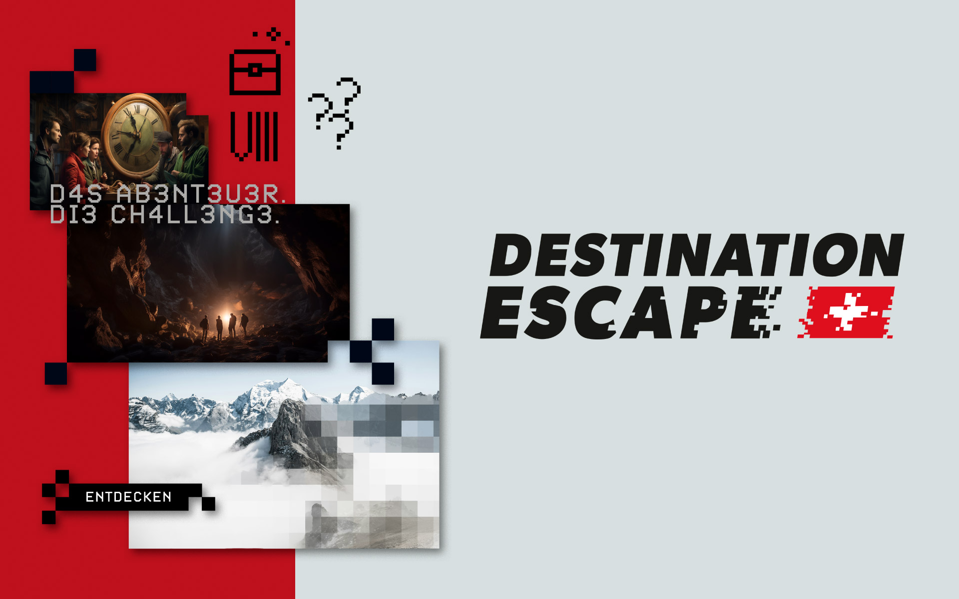 Branding des Projekts Destination Escape. Rechts das farbige Logo. Links sind drei Konzeptbilder, der passende schwarze Button für die Website sowie drei schwarze Icons. Alle sind im Corporate Design mit Pixelgrafik angelegt. Im Hintergrund links ist ein