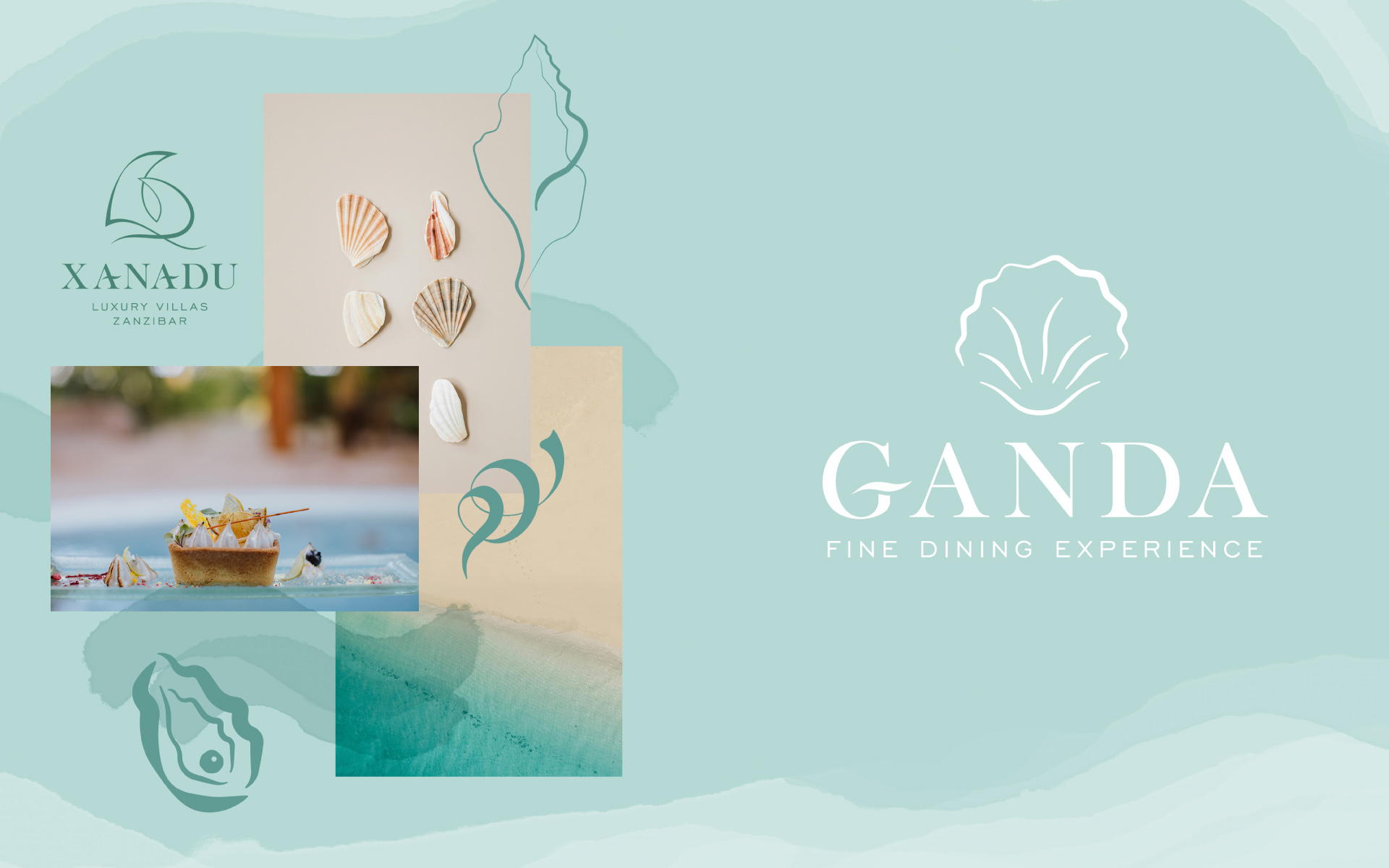 Branding des zum Xanadu gehörenden Restaurants Ganda: Links drei Inspirationsbilder mit Wellen, Muscheln und einem Gericht aus dem Restaurant, umgeben von drei Muschel-Illustrationen. Rechts das fertige Logo in Weiß. Der Hintergrund ist eine türkise Fläch