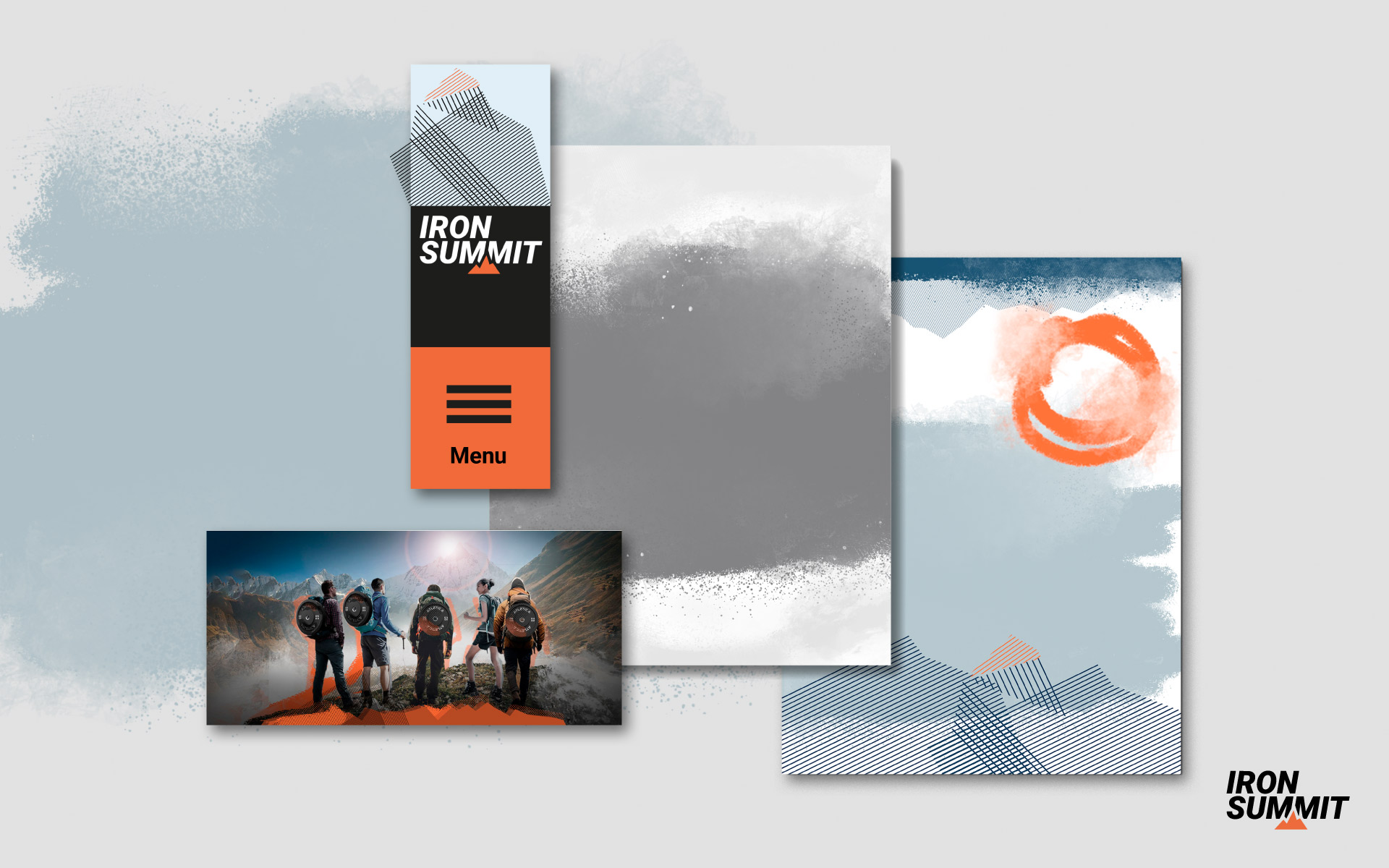 Branding des Projekts Iron Summit. Links unten ein Stimmungsbild in den Corporate-Farben mit fünf Wanderern, die auf schneebedeckte Berge blicken. Der Himmel ist blau, die Sonne scheint. Orangene Grafiken zeigen Schatten der Wanderer und des Berges. Über