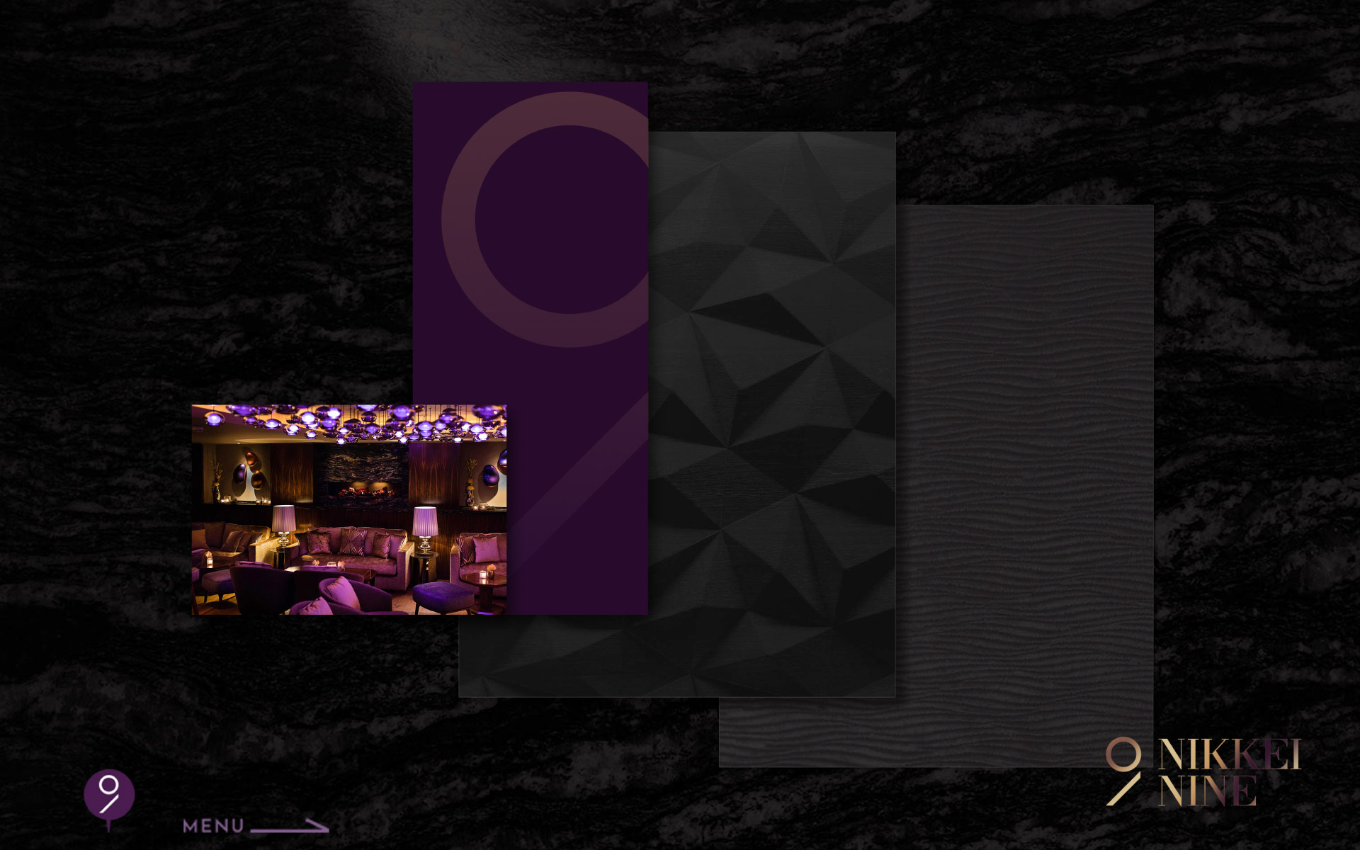 Branding des Projekts Nikkei Nine. Links ein Stimmungsbild der Bar, rechts dahinter das vereinfachte Logo auf dem markanten Lilaton. Daneben zwei dunkle Hintergrundstrukturen. Eine weitere dunkle Struktur bildet den Hintergrund des gesamten Bildes.
